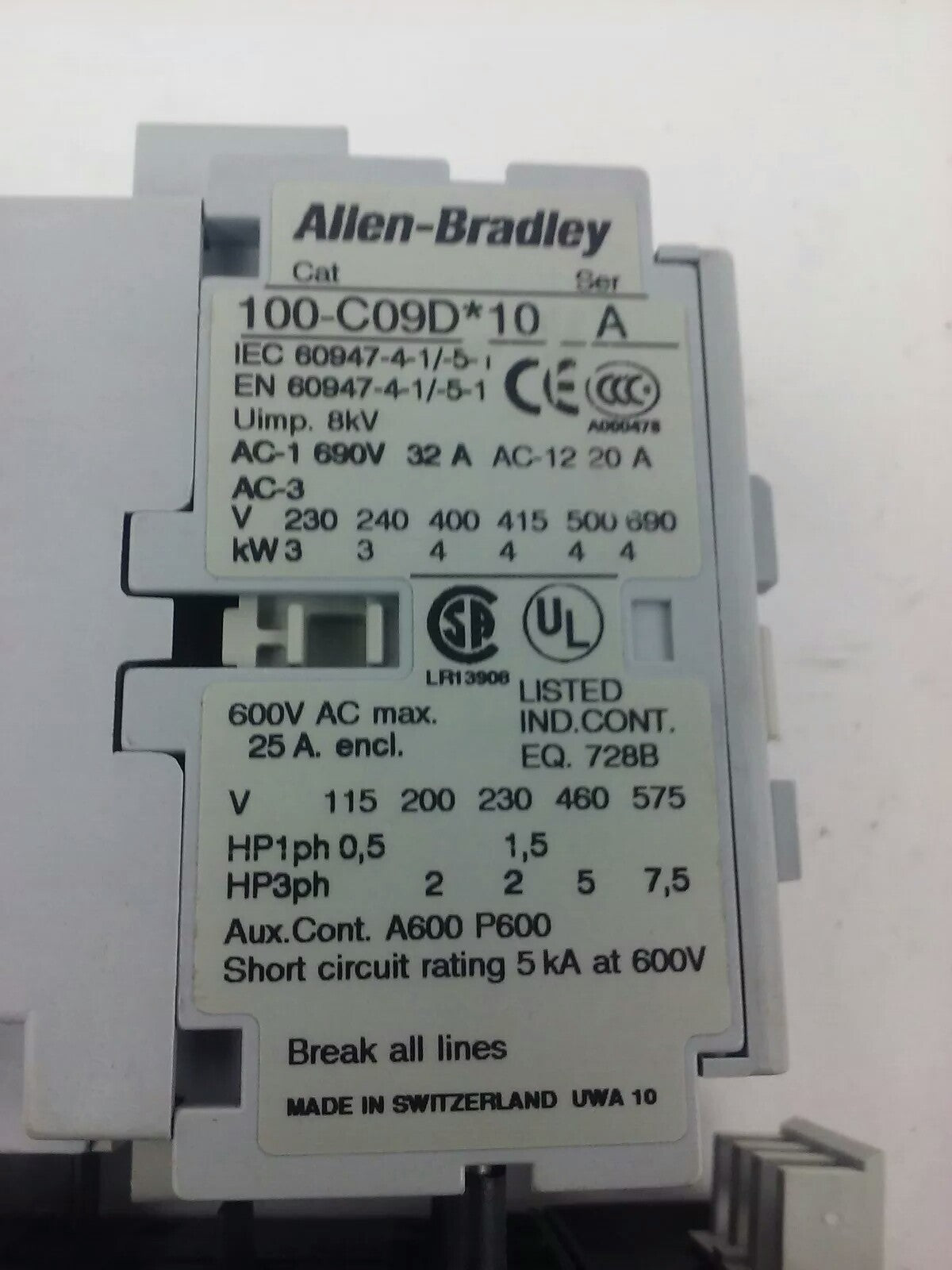 ALLEN BRADLEY 100-C09D*10 SER. A,CONTACTOR,3PH,600V,25A,24VDC COIL ,W/ 193-TAA60