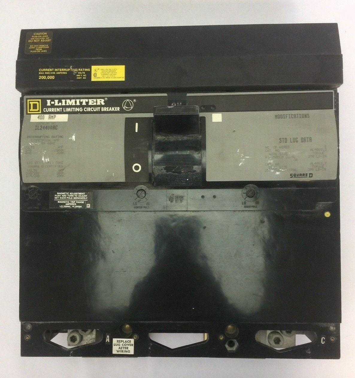 SQUARE D IL24400AC I-LIMITER CURRENT LIMITING CIRCUIT BREAKER 400AMP 240/480V 2P