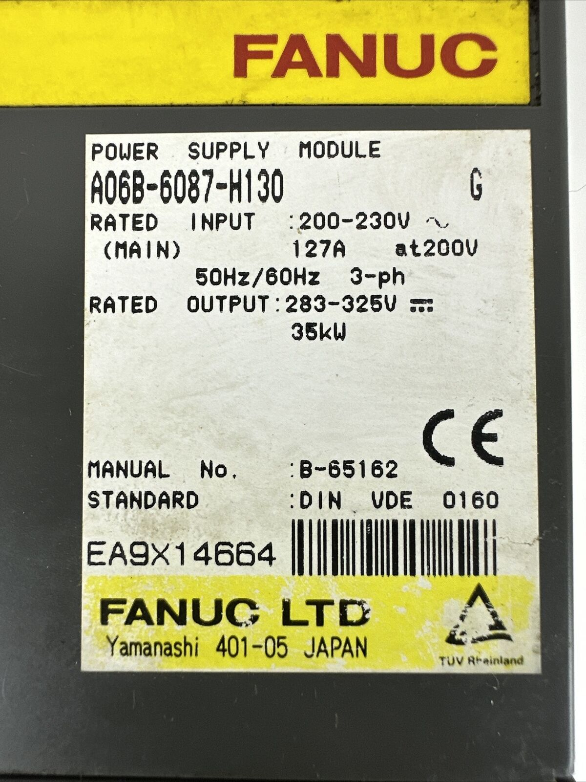 FANUC A06B-6087-H130 G POWER SUPPLY OUTPUT 283-325VDC 35kW INPUT 200-230VAC