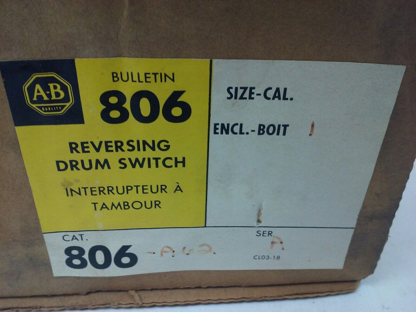 ALLEN BRADLEY 806-A62 SER. A, REVERSING DRUM SWITCH, 10A @ 600VAC,1A @ 115VDC
