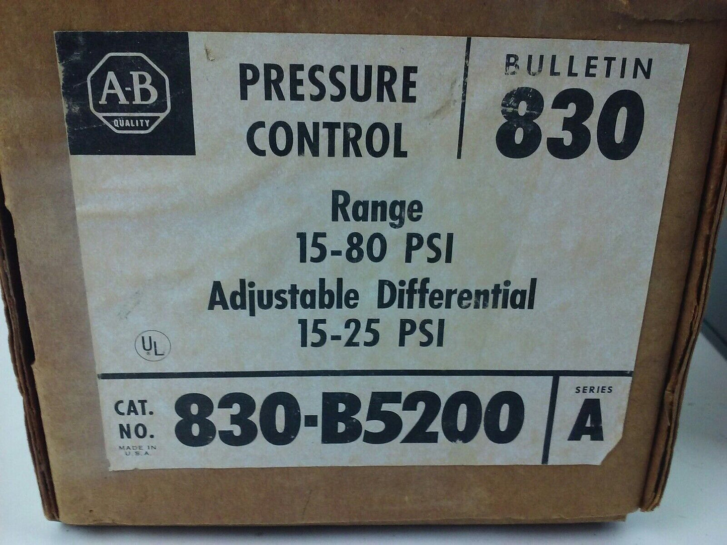 ALLEN BRADLEY, 830-B5200, SER. A, PRESSURE CONTROL, RANGE 15-80, DIFF 15-25, NEW