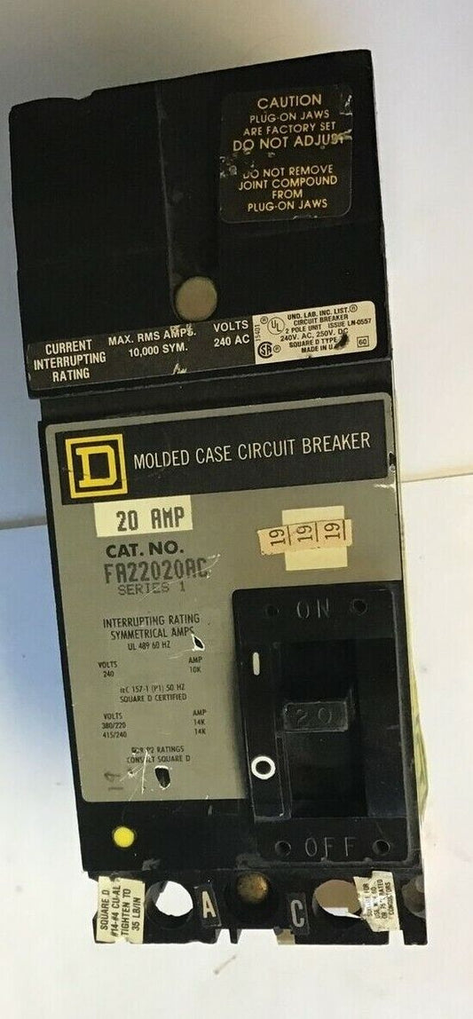 SQUARE D 20AMP 240VAC 250VDC CIRCUIT BREAKER FA22020AC GREY LABEL 60HZ