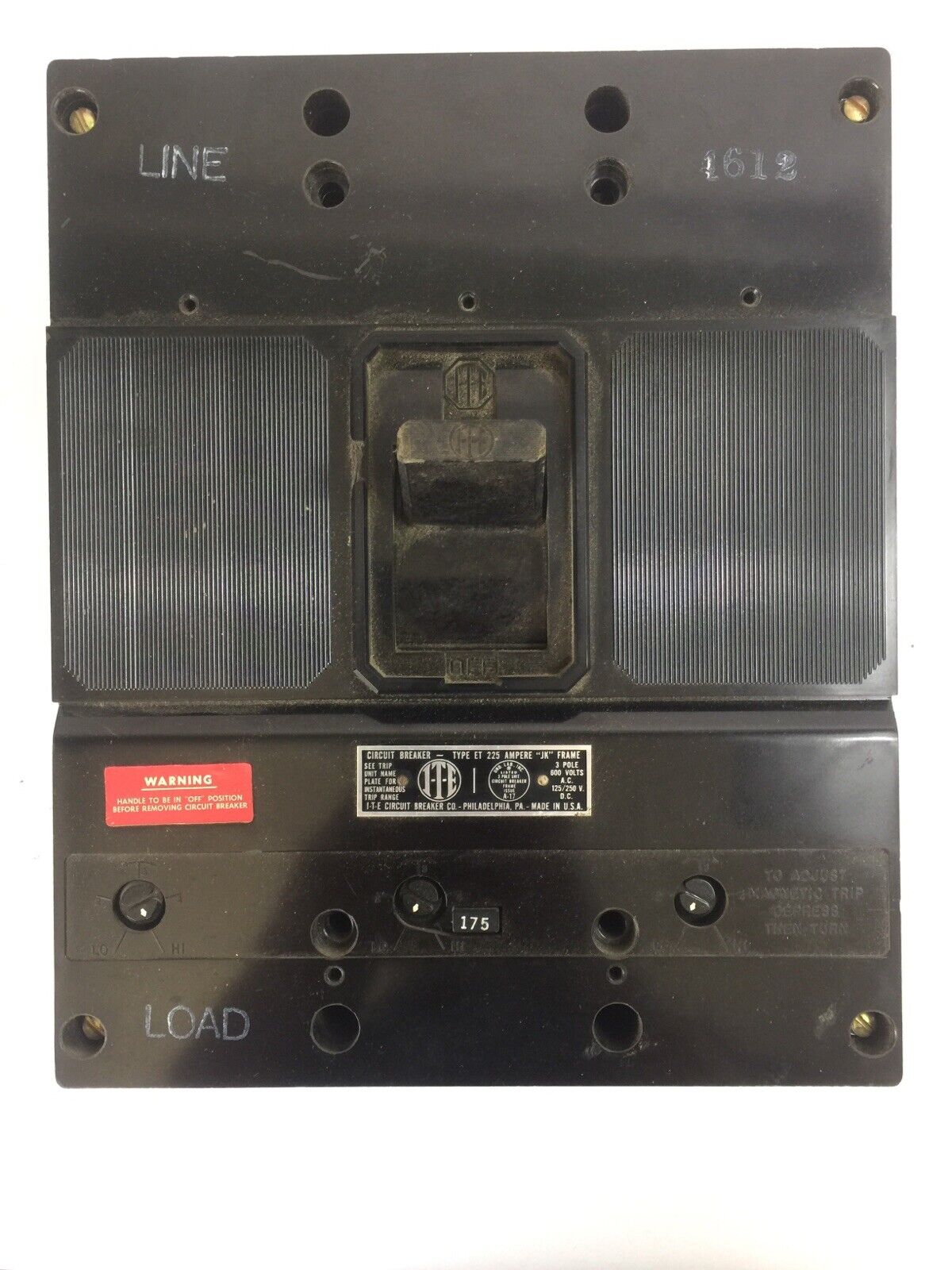 ITE ET5629 CIRCUIT BREAKER 225AMP 600VAC 125/250VDC 3POLE "JK" FRAME 175A TRIP