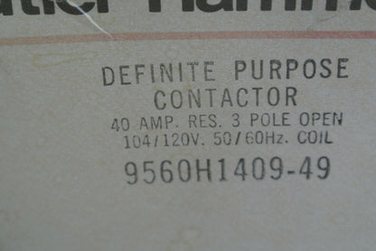 CUTLER-HAMMER 9560H1409-49 DEF PURPOSE CONTACTOR 40A 104/120V COIL 9560H1409B