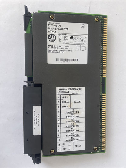 ALLEN BRADLEY 1771-ASB REMOTE I/O ADAPTER MODULE SERIES E REV G02 5VDC F/W REV J
