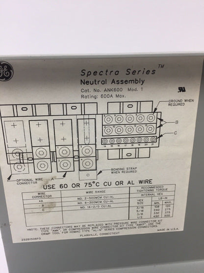 GE ANK600 NEUTRAL ASSEMBLY 600A MAX