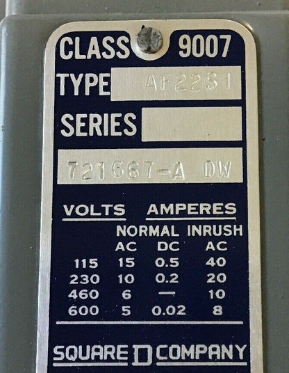 SQUARE D CLASS 9007 TYPE AF22-S1 LIMIT SWITCH