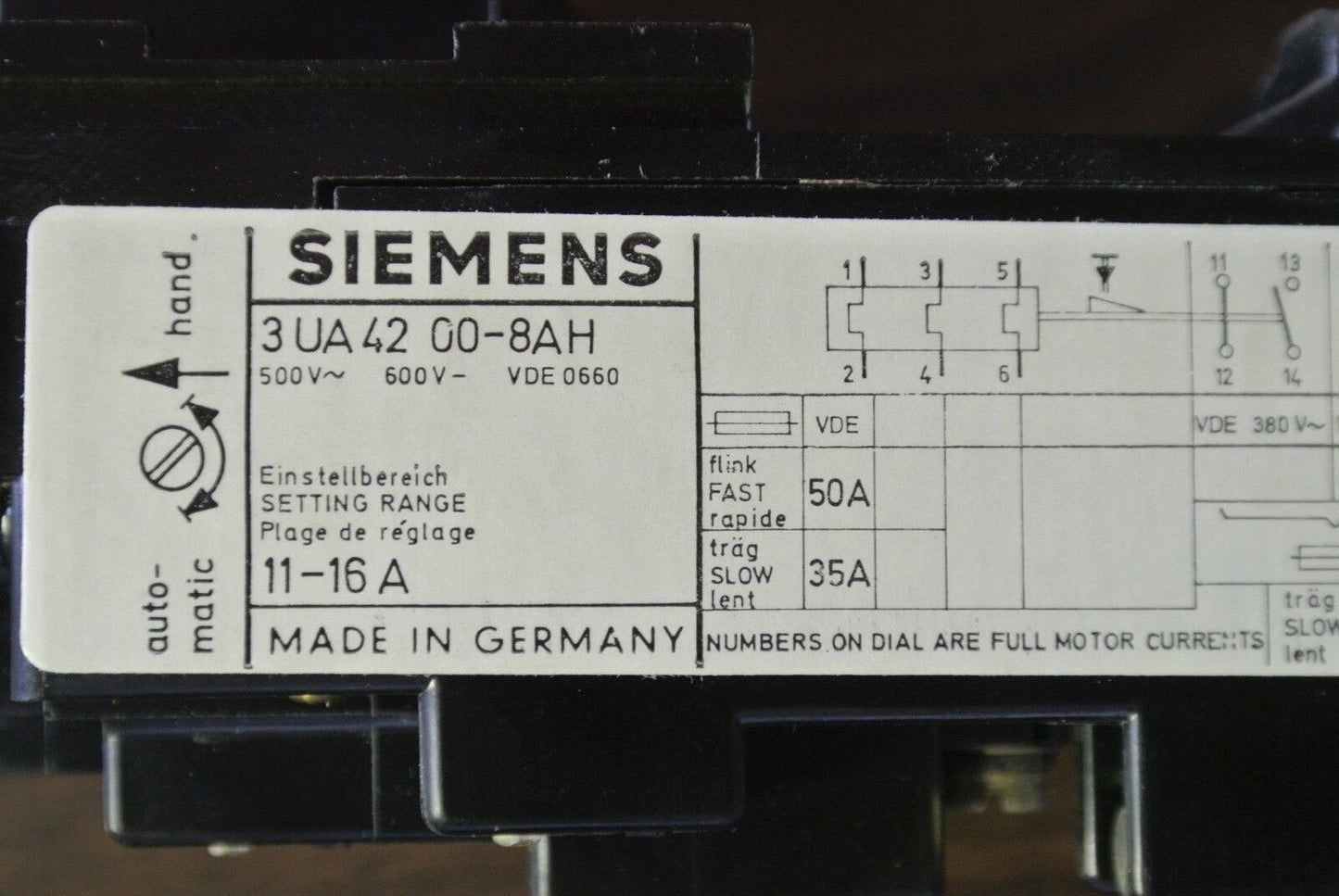 SIEMENS 3UA4200-8AH - OVERCURRENT RELAY 11-16A - 500-600V - NEW SURPLUS - 660VAC