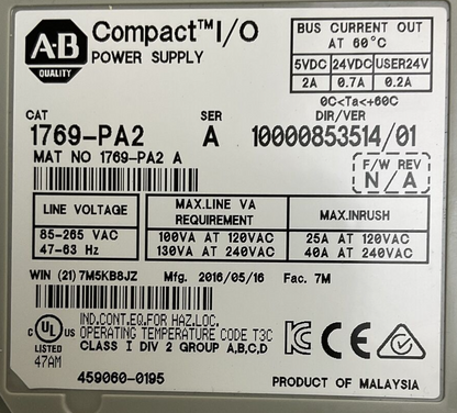ALLEN BRADLEY 1769-PA2 SER A DIR/REV 10000853514/01 F/W REV N/A POWER SUPPLY