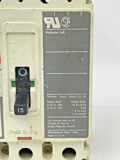 WESTINGHOUSE - HMCP015E0 - CIRCUIT BREAKER 6630C86G07, SER. C, 15A, 3-POLE- USED