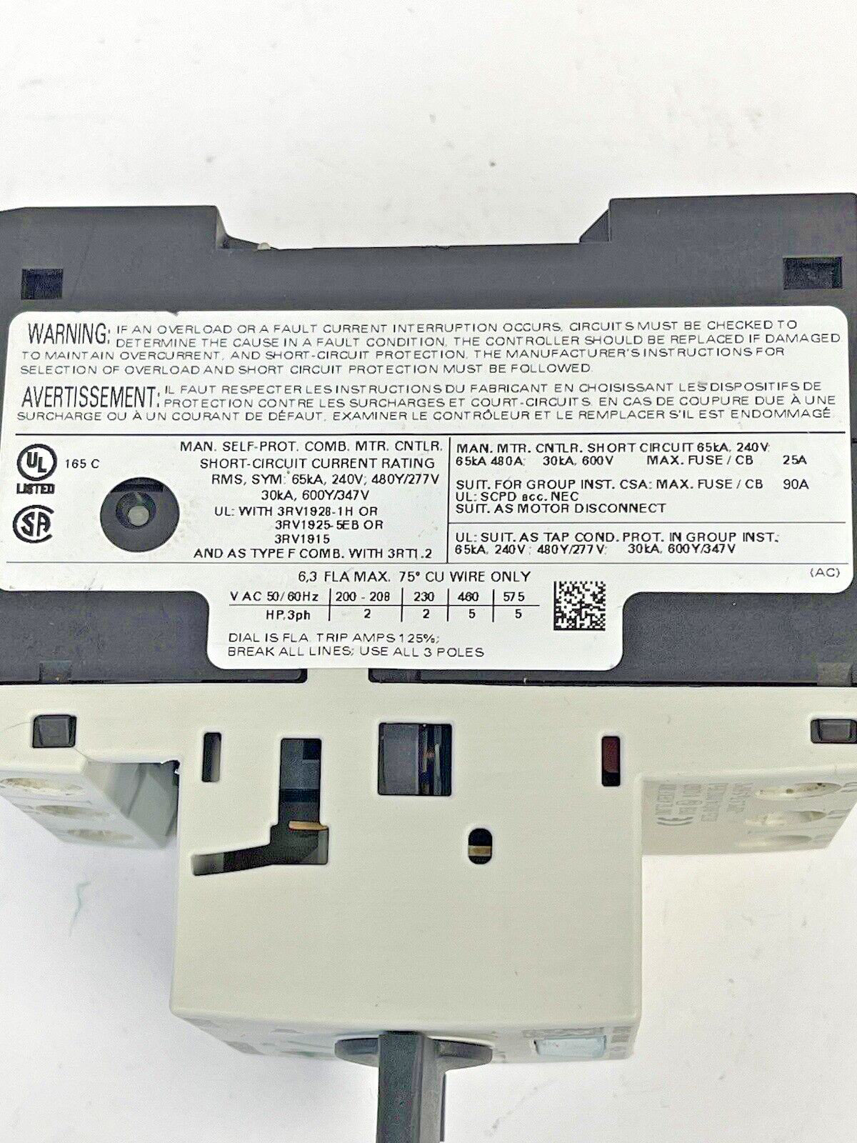 SIEMENS - 3RV1021-1GA10- CIRCUIT BREAKER / MOTOR PROTECTOR