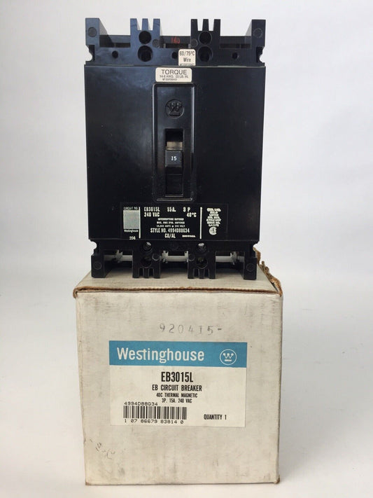 WESTINGHOUSE EB3015L CIRCUIT BREAKER 15AMP 240VAC 3POLE 4994D88G34