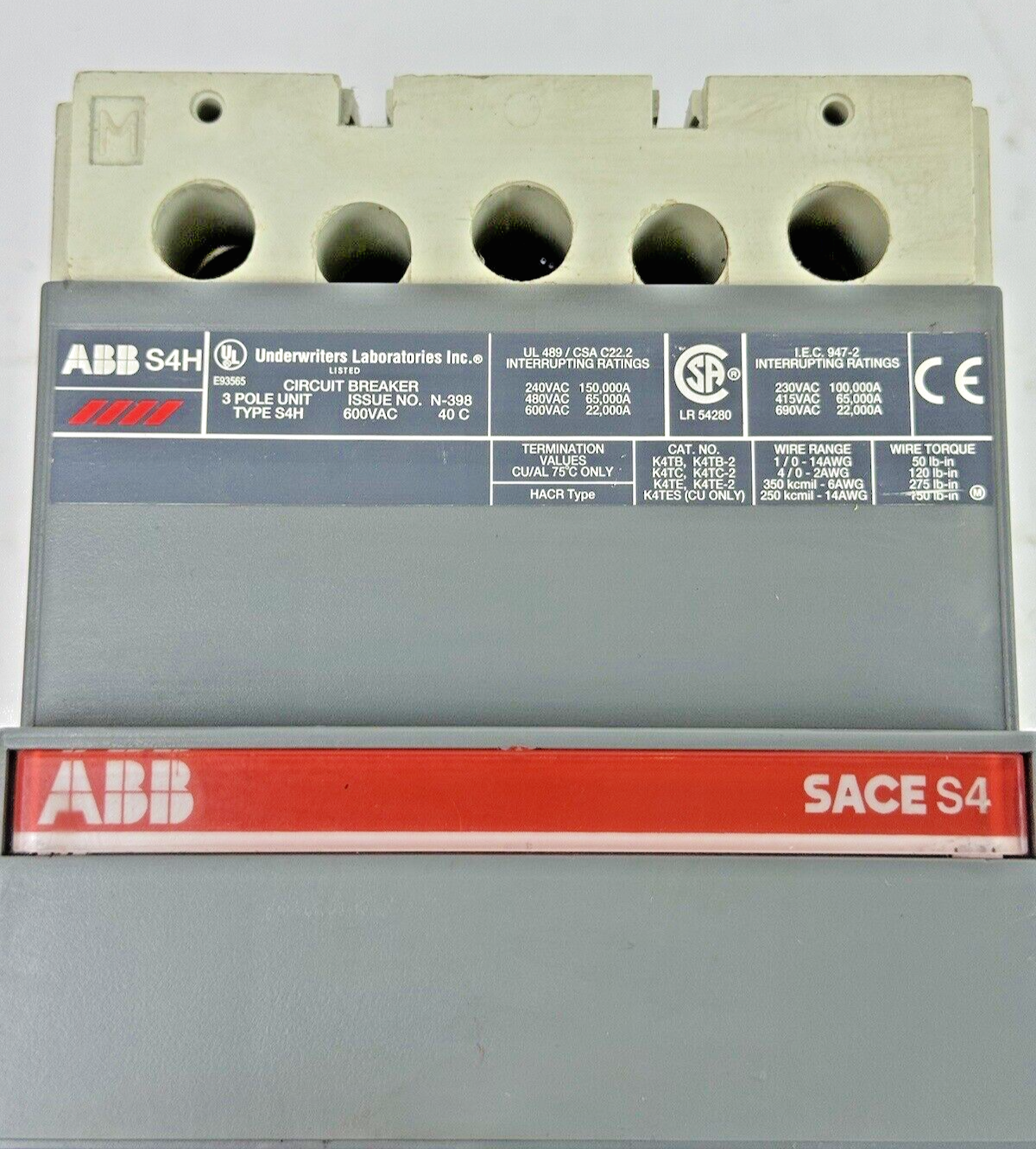 ABB - S4H - S4H-3P-250A - SACE 4 - CIRCUIT BREAKER - 250A/3 POLE/600VAC