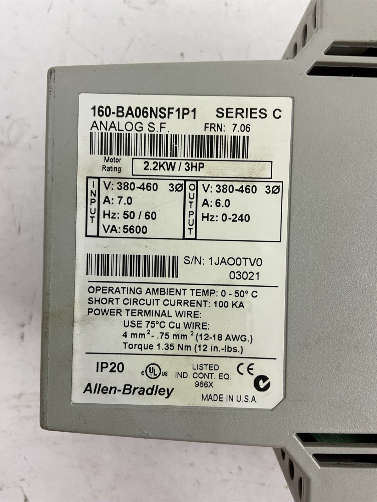 ALLEN BRADLEY 160-BA06NSF1P1 VARIABLE SPEED DRIVE 380-460V SER C FRN 7.06 3HP