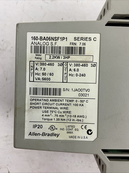 ALLEN BRADLEY 160-BA06NSF1P1 VARIABLE SPEED DRIVE 380-460V SER C FRN 7.06 3HP