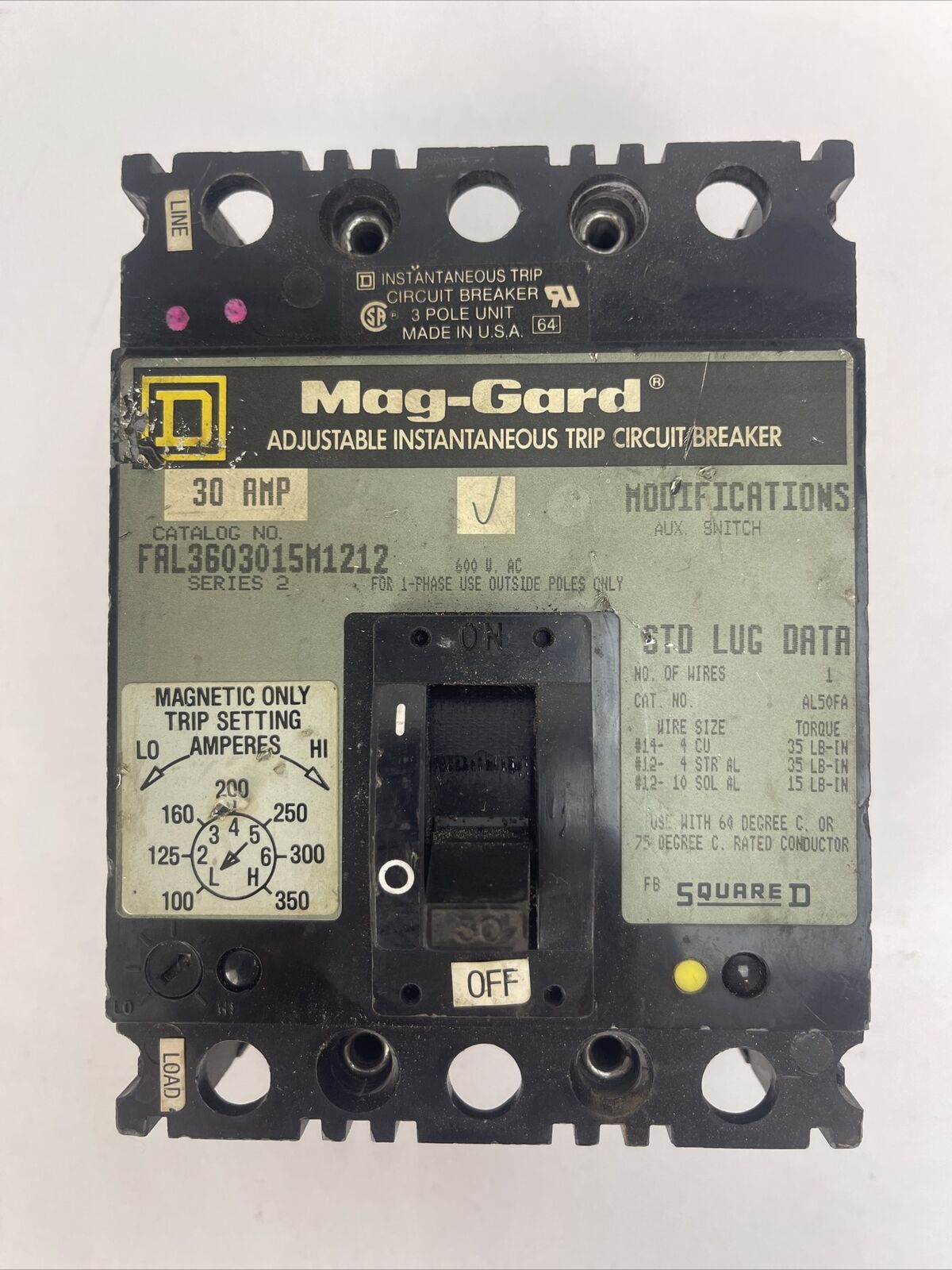 SQUARE D FAL3603015M1212 MAG-GARD ADJ INSTANTANEOUS TRIP CIRCUIT BREAKER 30A