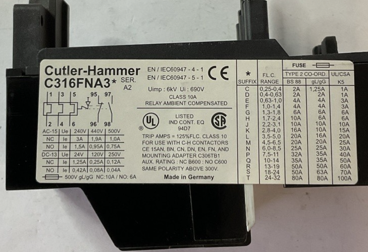 CUTLER HAMMER C316 FNA3Q THERMAL OVERLOAD RELAY 10-14A