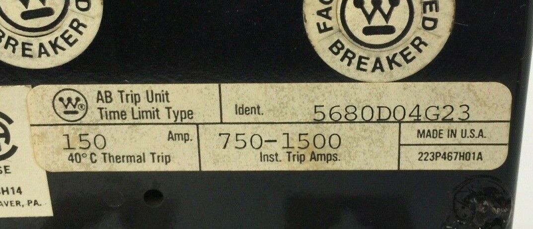 WESTINGHOUSE 5680D04G23 TRIP UNIT 150A 3POLE MAG TRIP ADJ 750-1500A
