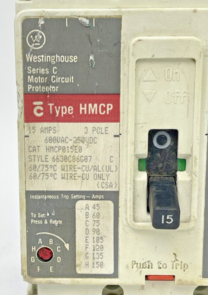 WESTINGHOUSE - HMCP015E0 - CIRCUIT BREAKER 6630C86G07, SER. C, 15A, 3-POLE- USED