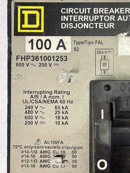 SQUARE D FHP361001253 CIRCUIT BREAKER 100AMP 600VAC 250VDC 3POLE