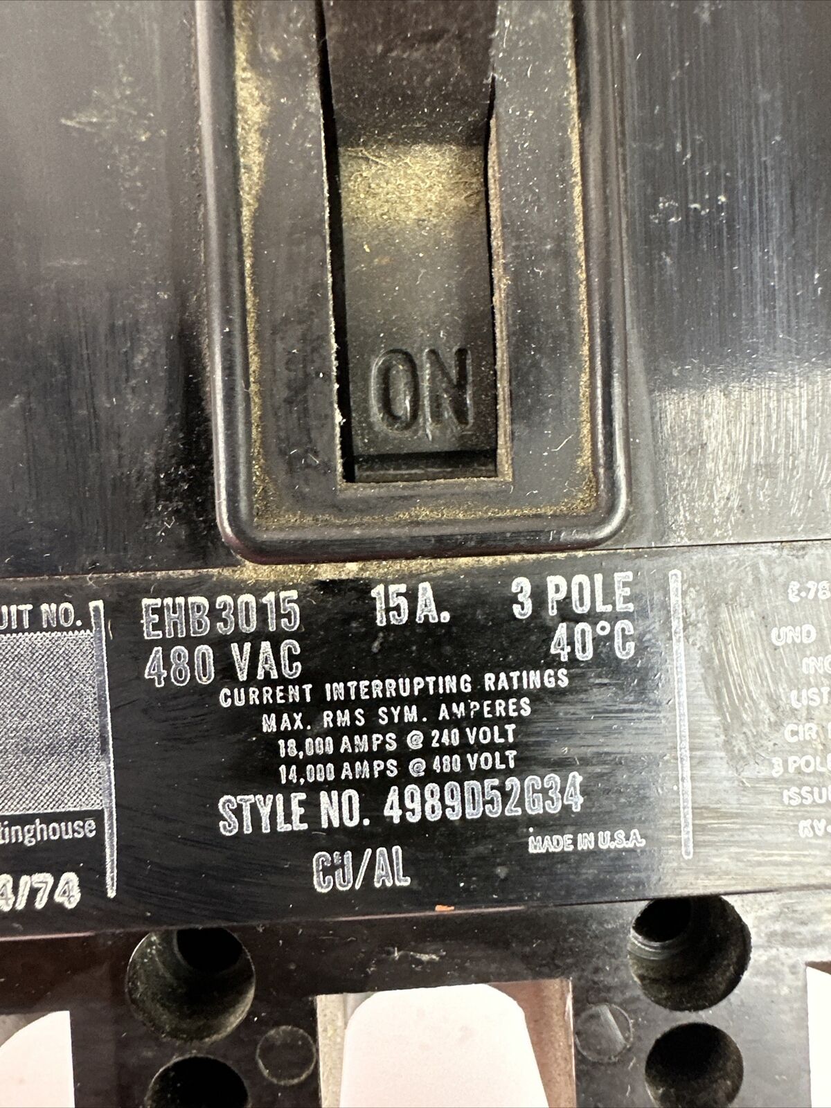WESTINGHOUSE EHB3015 CIRCUIT BREAKER 480VAC 15AMP 3POLE