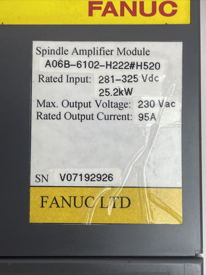 FANUC A06B-6102-H222#H520 SPINDLE AMPLIFIER OUTPUT 230VAC 95A INPUT 281-325VDC