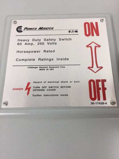 POWER MASTER H222SNK HEAVY DUTY SAFETY SWITCH 60A 240V 3 WIRE S/N FUSIBLE TYPE 1