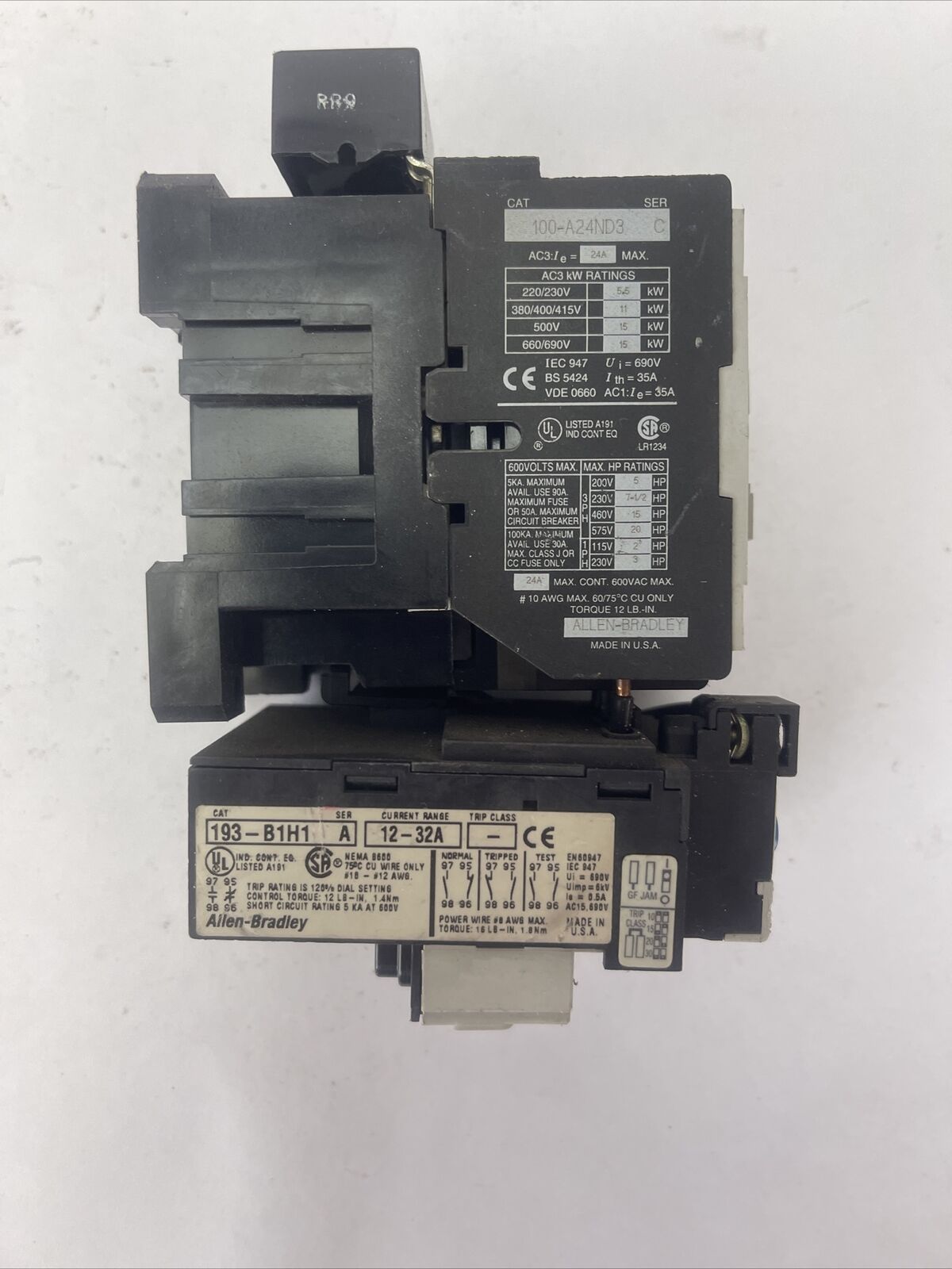 ALLEN BRADLEY STARTER 100-A24ND3 SER C CONTACTOR 600VAC 20HP 24A COIL 120V 60HZ
