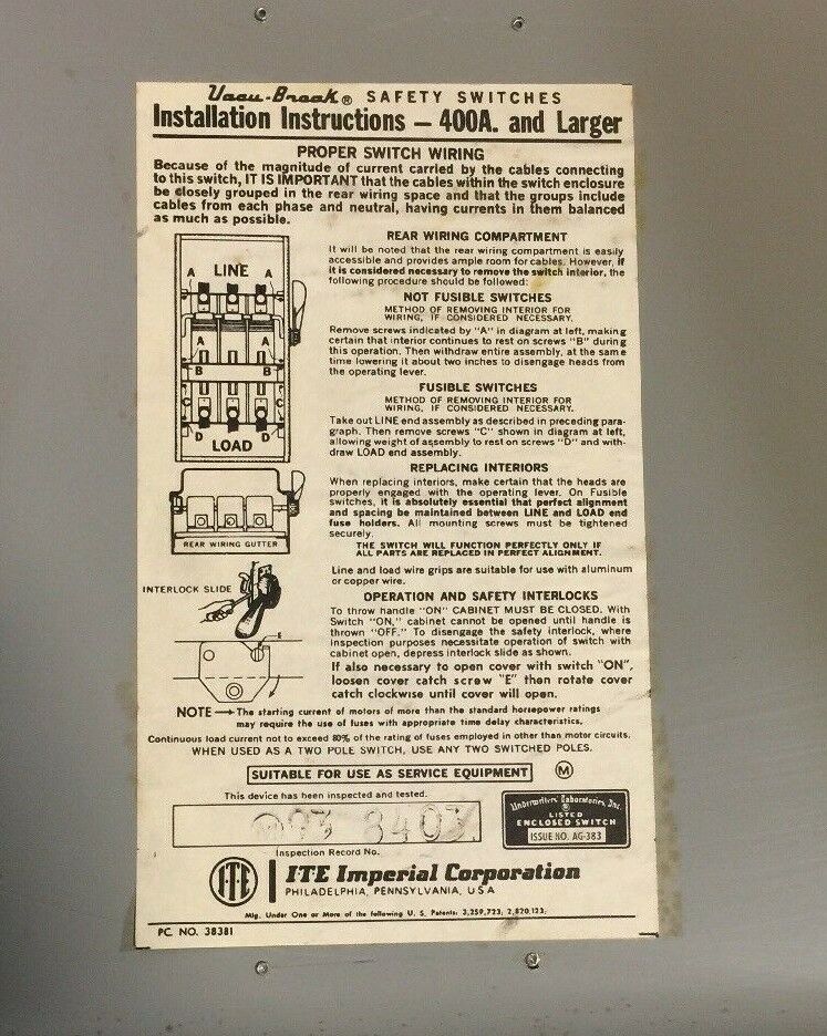 ITE NF-356 HEAVY DUTY VACU-BREAK SAFETY SWITCH 600AMP 600VAC 3 POLE NON FUSIBLE