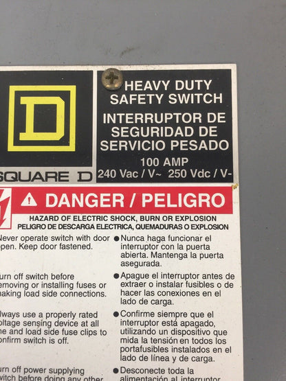 SQUARE D H323AWK HEAVY DUTY SAFETY SWITCH 100A 240VAC 250VDC FLNR100ID FUSES