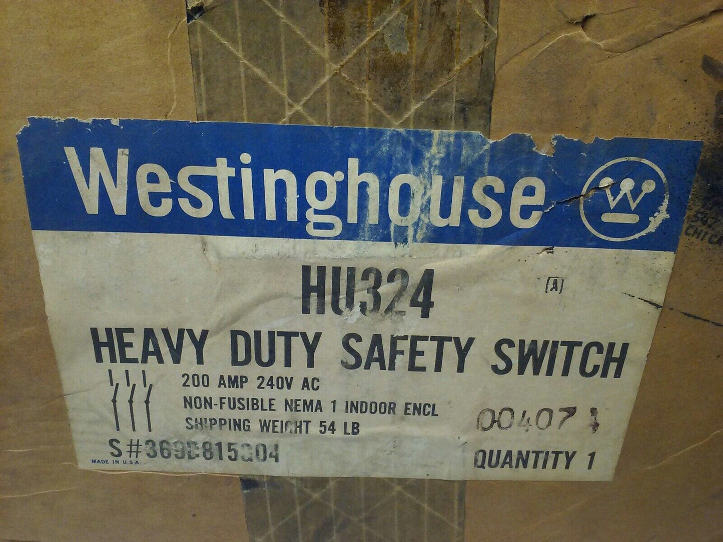WESTINGHOUSE HU324 NON FUSIBLE SAFETY SWITCH 3P, 200A, 240V, NEMA 1 INDOOR, 50HP