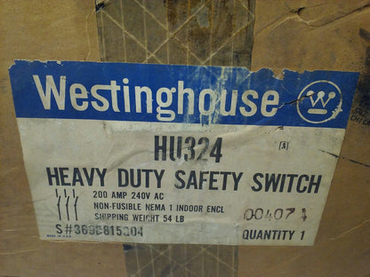 WESTINGHOUSE HU324 NON FUSIBLE SAFETY SWITCH 3P, 200A, 240V, NEMA 1 INDOOR, 50HP