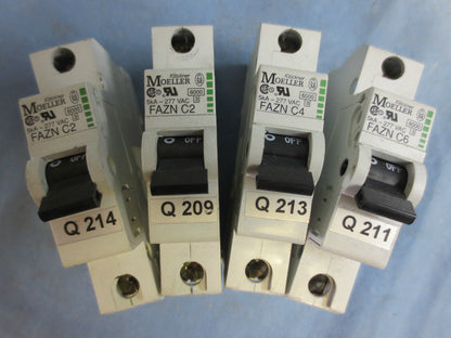 KLOCKNER-MOELLER CIRCUIT BREAKERS - FAZN C2 (2), FAZN C4, FAZN C6 - LOT of 4 pcs