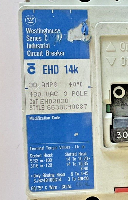 WESTINGHOUSE EHD3030 CIRCUIT BREAKER EHD 14K 3POLE 30A 480VAC SER.C