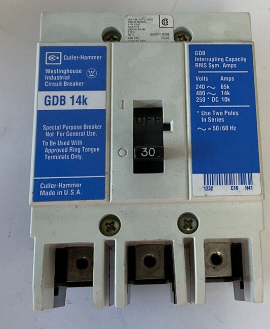 WESTINGHOUSE GDB 14K CIRCUIT BREAKER 30A 480VAC 3POLE 50/60HZ GDB3030