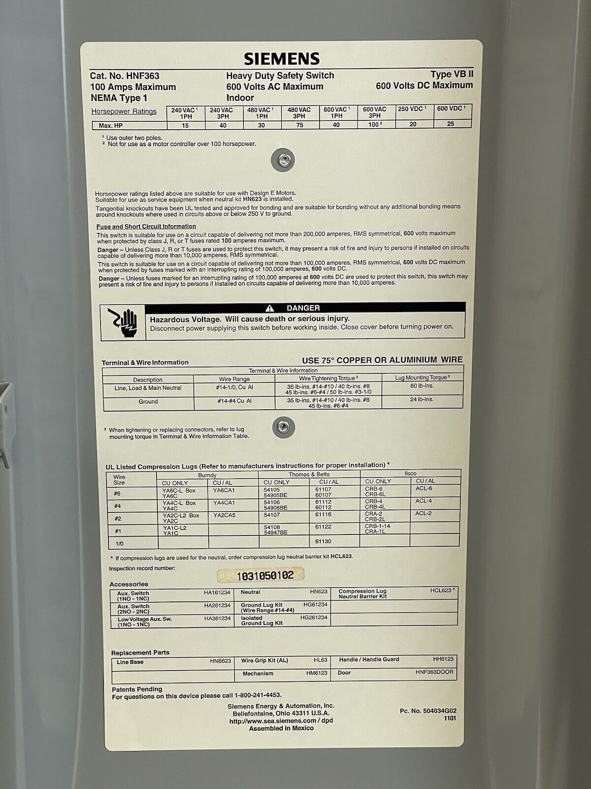 SIEMENS - HNF363 - ENCLOSED SWITCH - 3 POLE, 100A, 600 VAC, 600 VDC