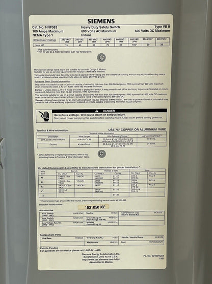 SIEMENS - HNF363 - ENCLOSED SWITCH - 3 POLE, 100A, 600 VAC, 600 VDC
