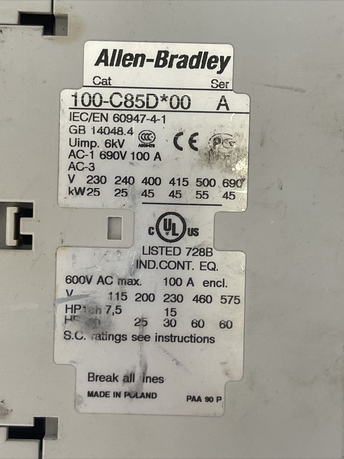 ALLEN BRADLEY 100-C85D*00 SER A CONTACTOR 600VAC 100A COIL 24VDC 60HP 100-F