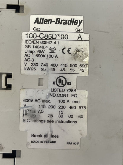 ALLEN BRADLEY 100-C85D*00 SER A CONTACTOR 600VAC 100A COIL 24VDC 60HP 100-F