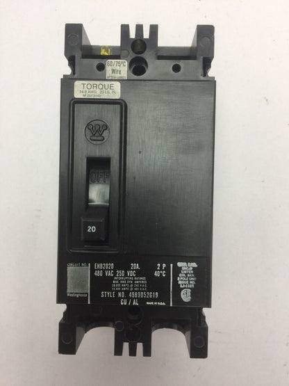 WESTINGHOUSE EHB2020 THERM MAG BREAKER 20AMP 480VAC 250 VDC 2POLE 4989D52G19