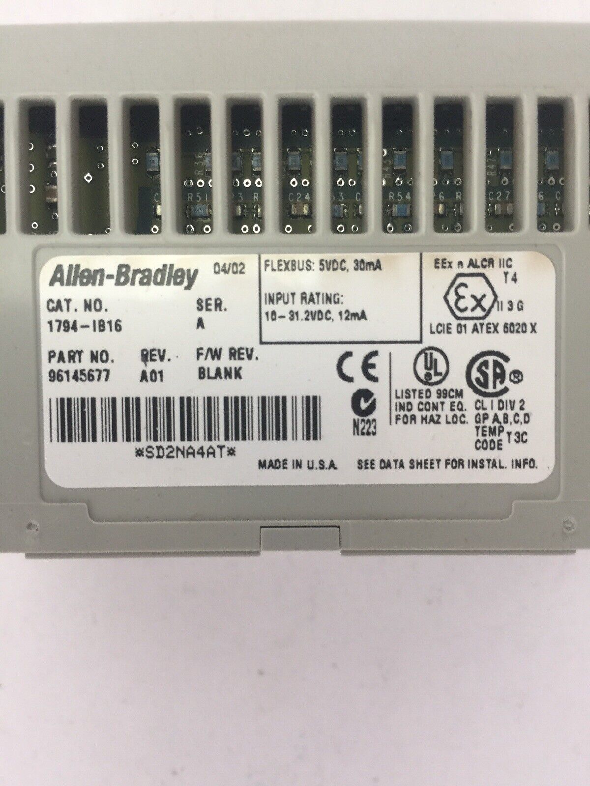 ALLEN BRADLEY 1794-IB16 24VDC SINK INPUT MODULE SER A REV A01 F/W REV BLANK