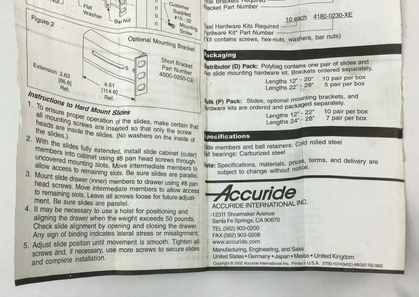 ACCURIDE 3301 MEDIUM DUTY OVER TRAVEL RACK MOUNTED SLIDE UPTO 150LBS OPT. DETENT