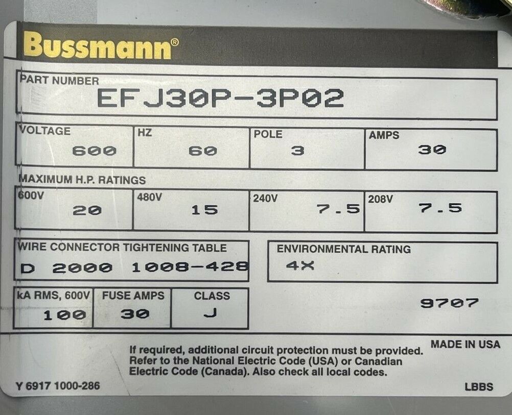 BUSSMANN EFJ30P-3P02 FUSIBLE DISCONNECT SWITCH 600V 60HZ 3P 30A 20HP TYPE 4,4X