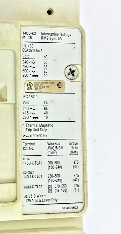 ALLEN BRADLEY 140U-K3X3 CIRCUIT BREAKER 400A W/140U-KTD3-D40 TRIP