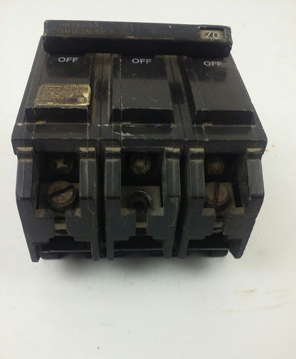 GENERAL ELECTRIC THQL32070 CIRCUIT BREAKER 70A, 240V, 3P, USED MISSING ONE LUG