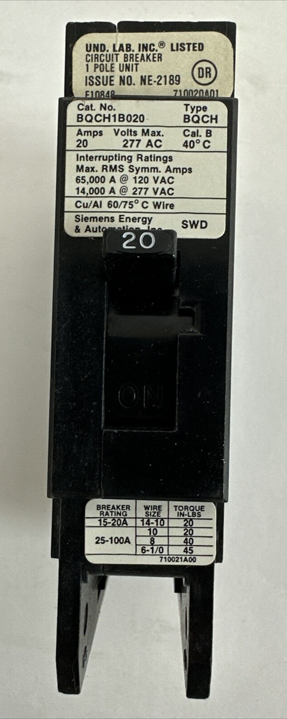 SIEMENS BQCH1B020 CIRCUIT BREAKER 20AMP 277VAC 1POLE