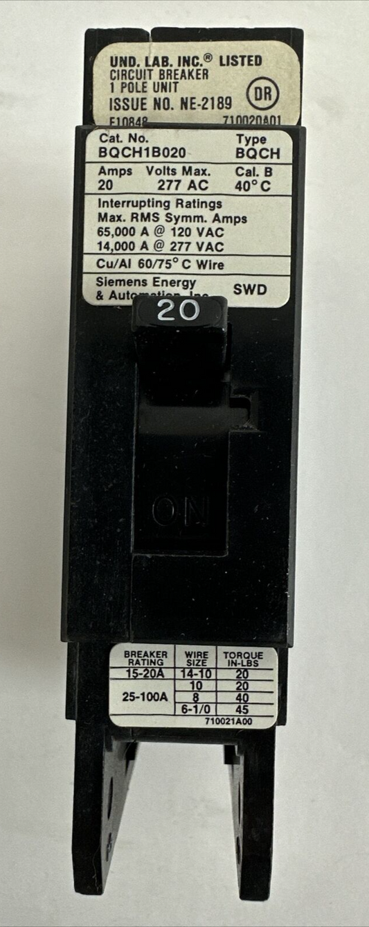 SIEMENS BQCH1B020 CIRCUIT BREAKER 20AMP 277VAC 1POLE