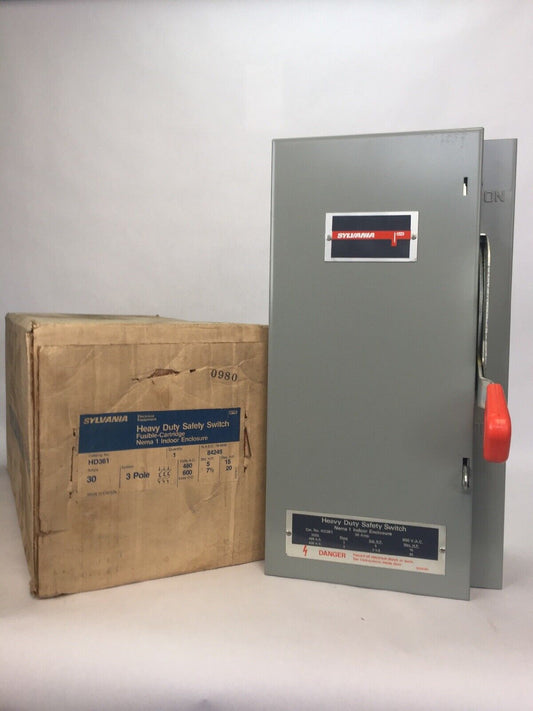 SYLVANIA HD361 FUSIBLE HEAVY DUTY SAFETY SWITCH 30AMP 480/600VAC 20HP 3 PHASE