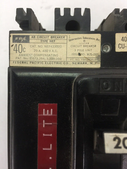 FPE NEF 433020 CIRCUIT BREAKER 3 POLE 20AMP 480VAC