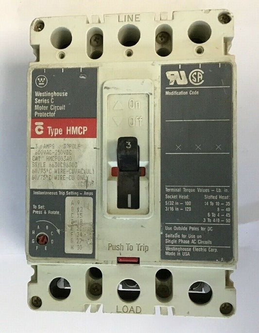 WESTINGHOUSE HMCP003A0 CIRCUIT PROTECTOR 3AMP 600VAC-250VDC 3POLE SER.C